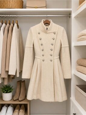 Wool Blend Double-Breasted Cream Military Coat